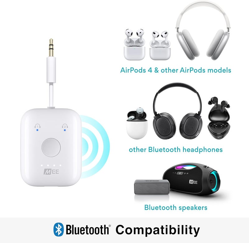 MEE Audio محول صوتي لاسلكي بلوتوث Connect Air أثناء الرحلة لعدد يصل إلى 2 من AirPods / سماعات أخرى؛ يعمل مع جميع مقابس 3.5 مم على الطائرات، معدات الصالة الرياضية، أجهزة التلفاز، وأجهزة الألعاب. - Image 5